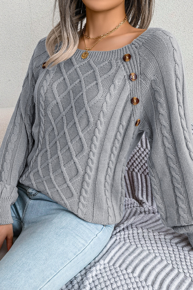Women Casual Square Neck Buttoned Cable Knit Pullover Sweater