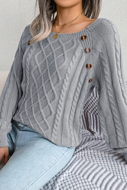 Women Casual Square Neck Buttoned Cable Knit Pullover Sweater