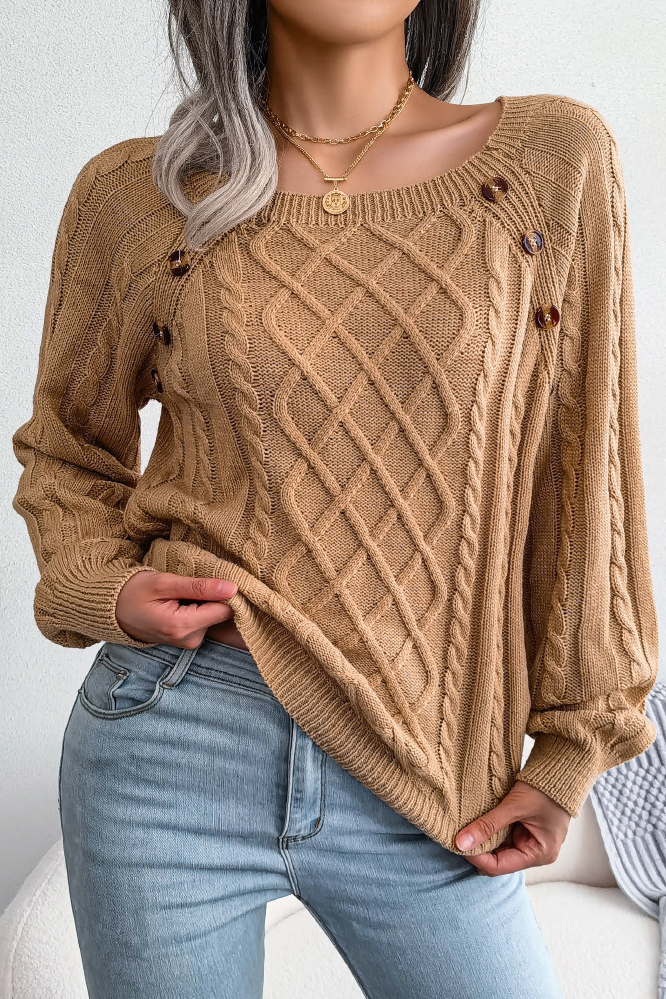 Women Casual Square Neck Buttoned Cable Knit Pullover Sweater