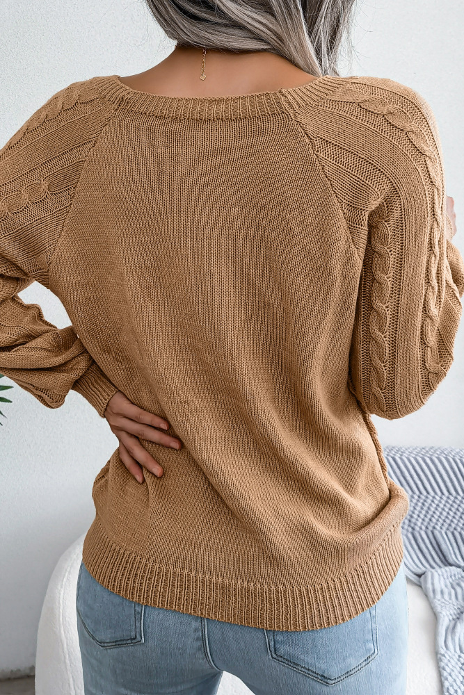 Women Casual Square Neck Buttoned Cable Knit Pullover Sweater