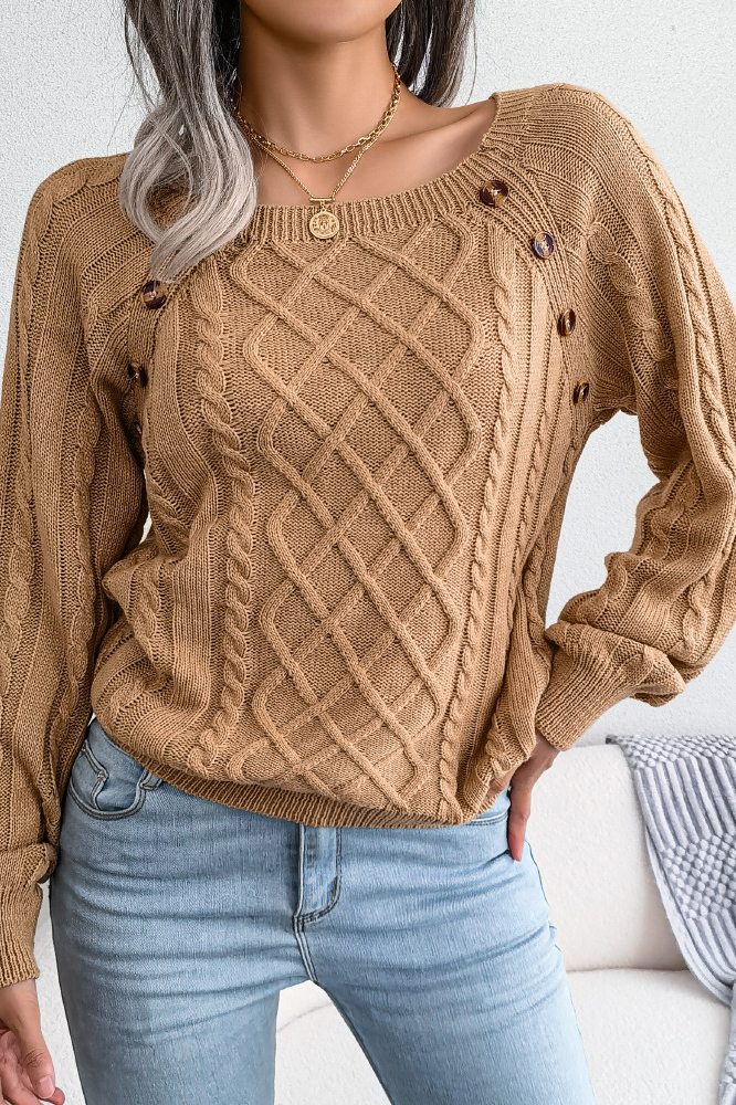 Women Casual Square Neck Buttoned Cable Knit Pullover Sweater