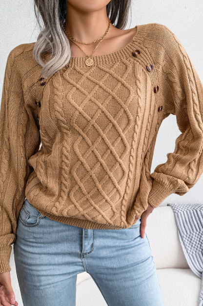 Women Casual Square Neck Buttoned Cable Knit Pullover Sweater