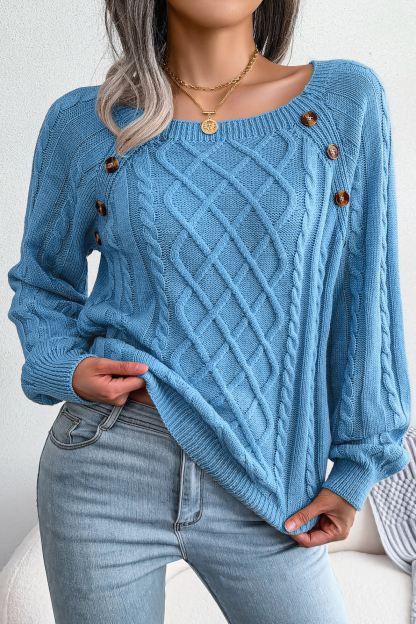 Women Casual Square Neck Buttoned Cable Knit Pullover Sweater