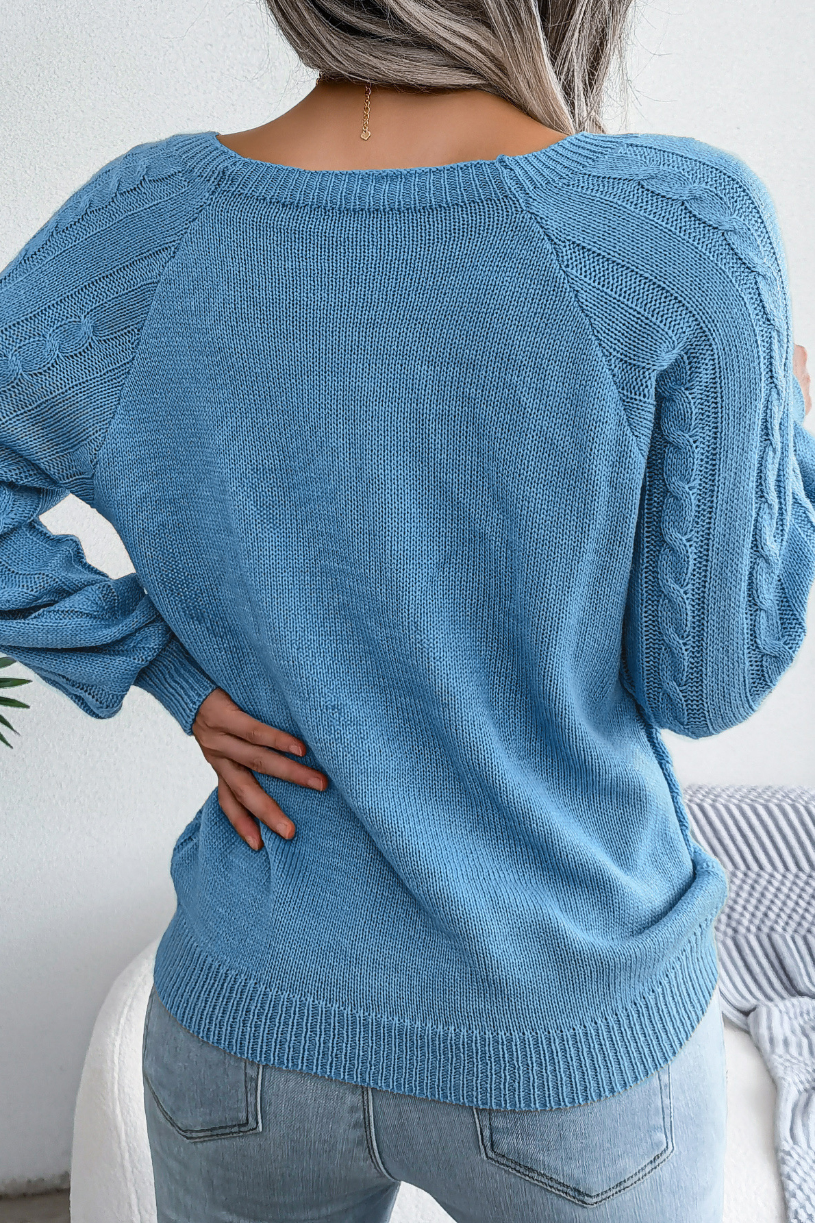 Women Casual Square Neck Buttoned Cable Knit Pullover Sweater