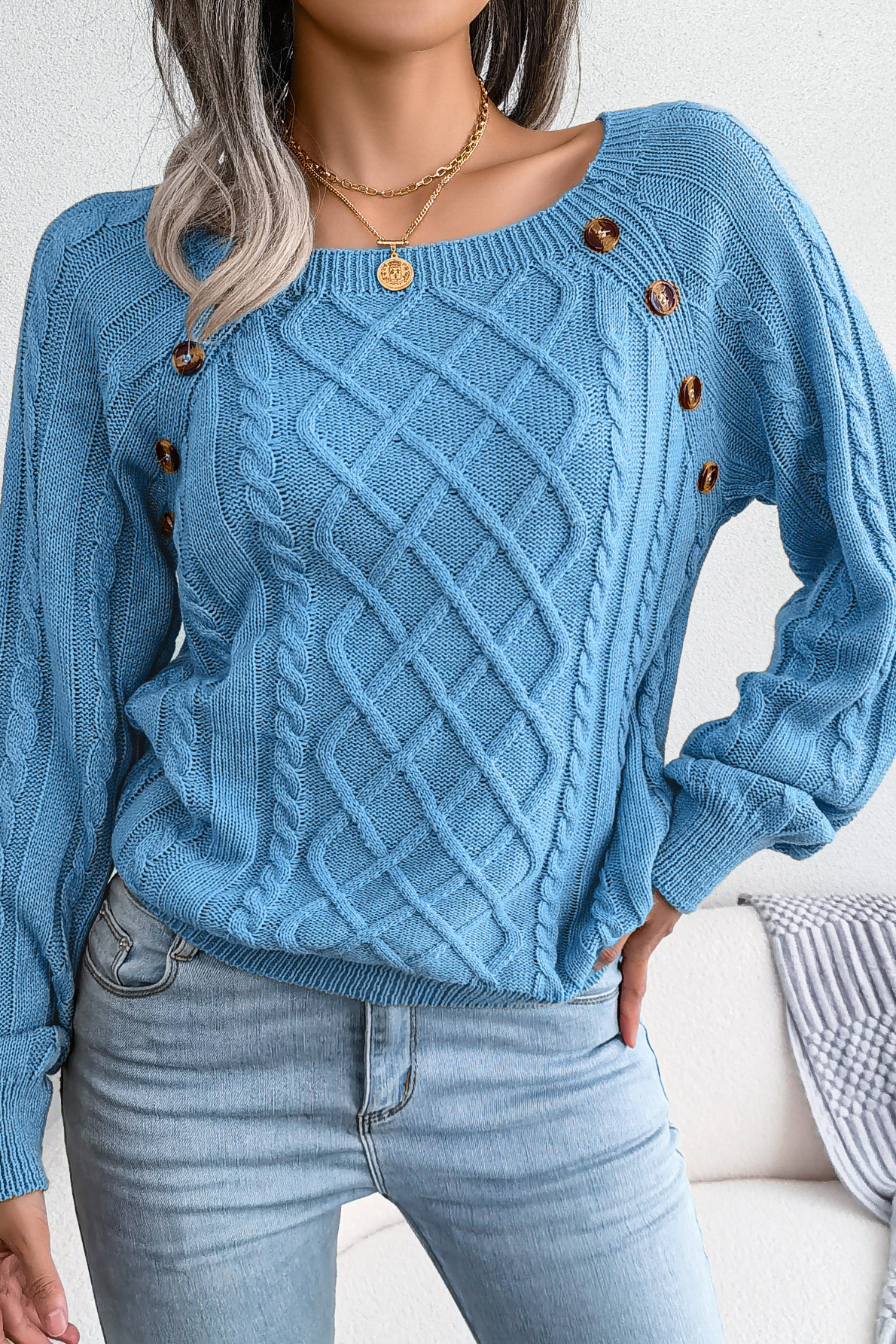 Women Casual Square Neck Buttoned Cable Knit Pullover Sweater