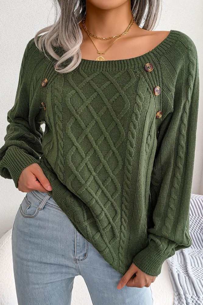Women Casual Square Neck Buttoned Cable Knit Pullover Sweater