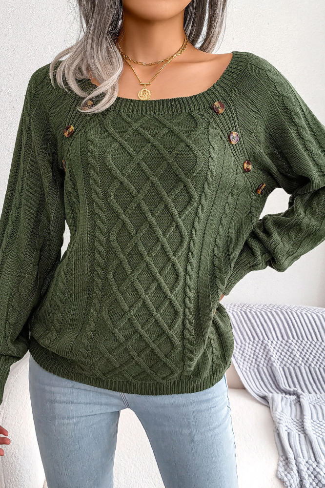 Women Casual Square Neck Buttoned Cable Knit Pullover Sweater