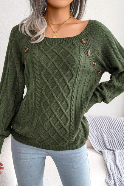 Women Casual Square Neck Buttoned Cable Knit Pullover Sweater