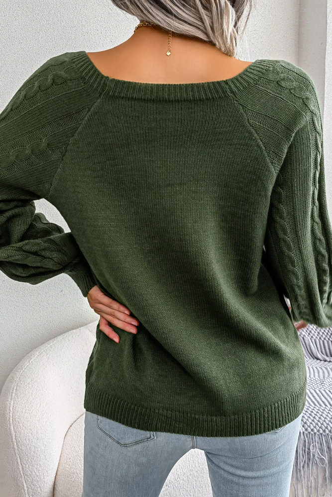 Women Casual Square Neck Buttoned Cable Knit Pullover Sweater