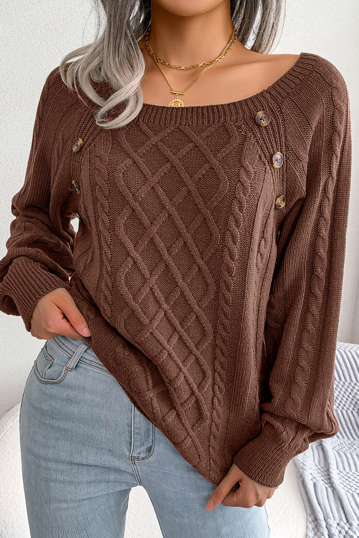 Women Casual Square Neck Buttoned Cable Knit Pullover Sweater