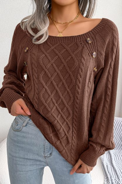 Women Casual Square Neck Buttoned Cable Knit Pullover Sweater