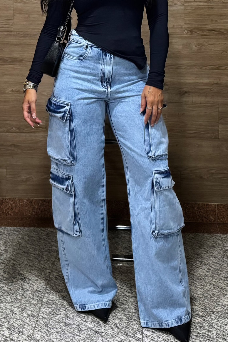Casual Cargo Pocket Washed Wide Leg Jeans
