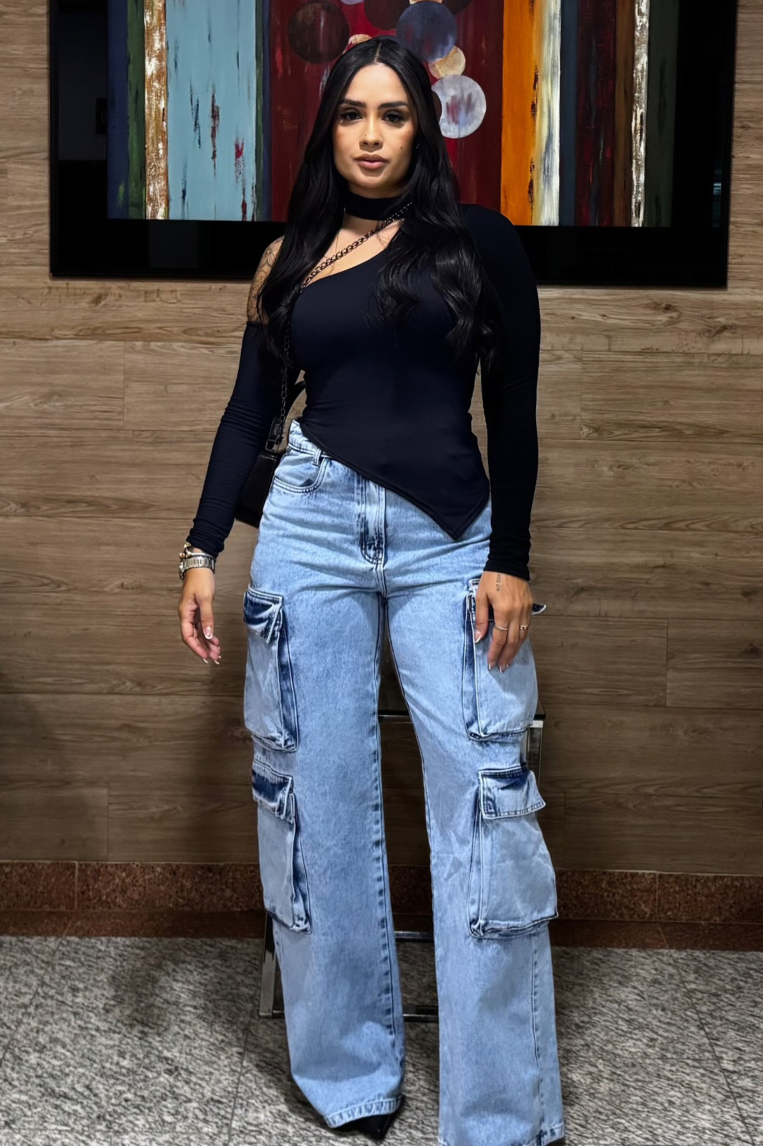 Casual Cargo Pocket Washed Wide Leg Jeans