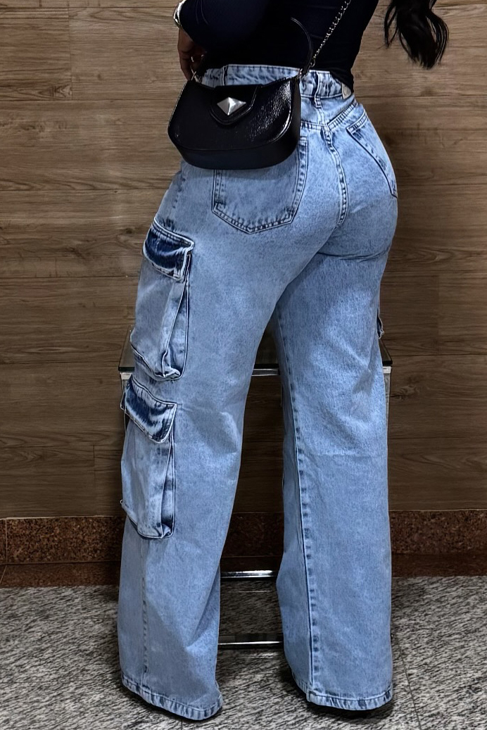 Casual Cargo Pocket Washed Wide Leg Jeans