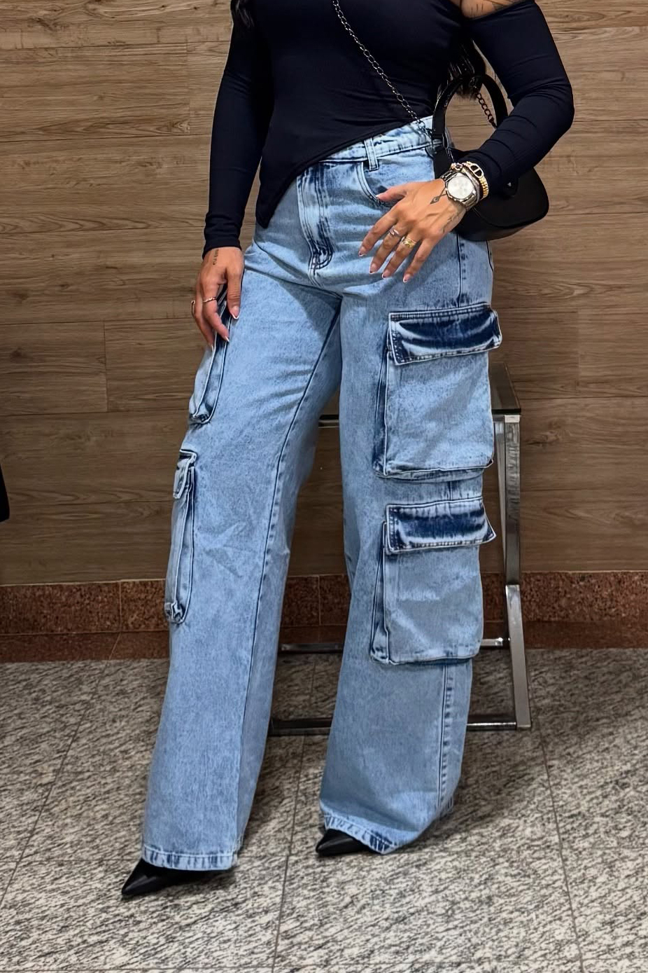 Casual Cargo Pocket Washed Wide Leg Jeans