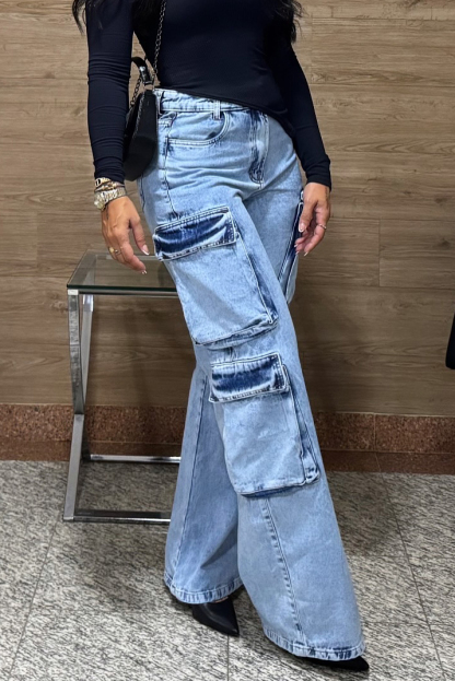 Casual Cargo Pocket Washed Wide Leg Jeans