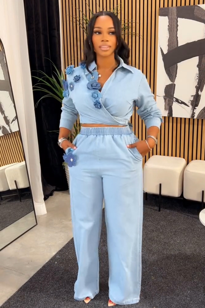 Fashion 3D Floral Tie Front Denim Shirt + Elastic Waist Jeans