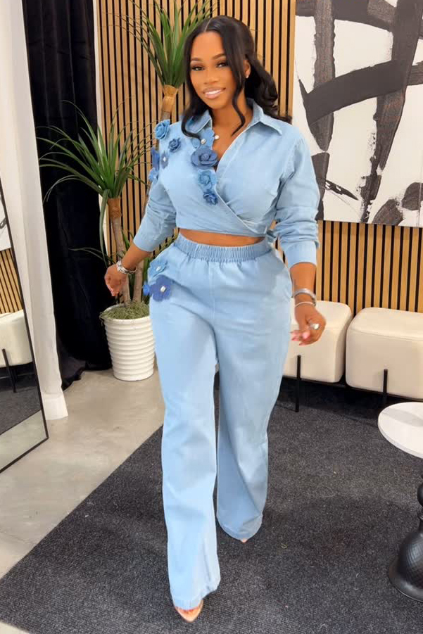 Fashion 3D Floral Tie Front Denim Shirt + Elastic Waist Jeans