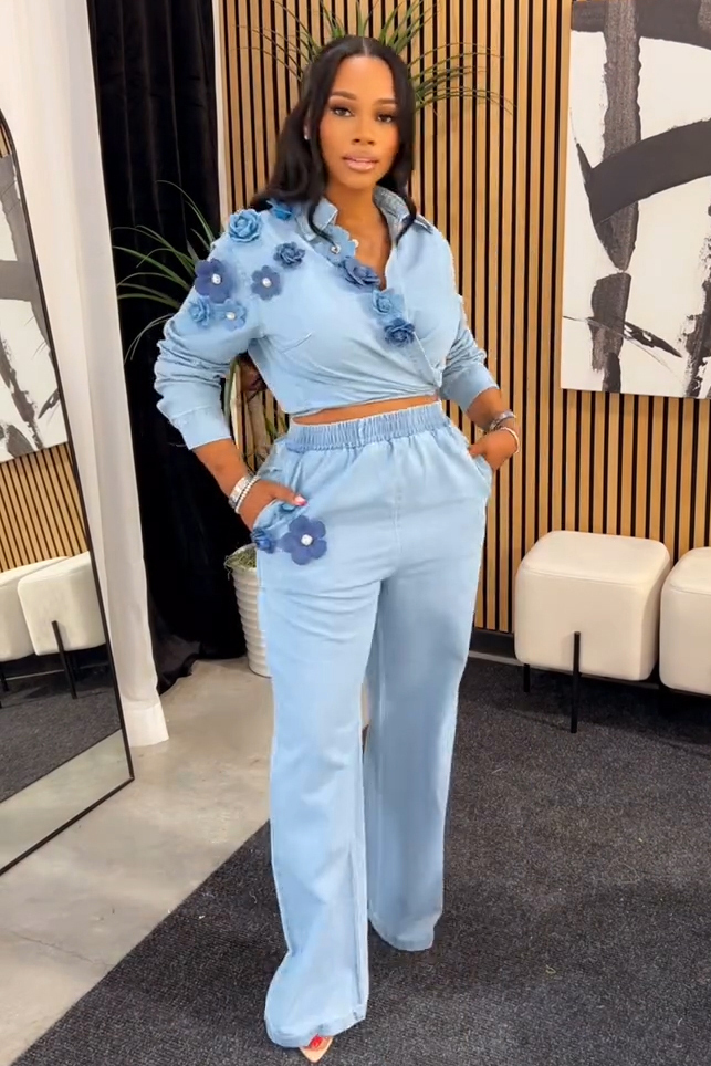 Fashion 3D Floral Tie Front Denim Shirt + Elastic Waist Jeans