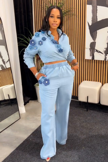 Fashion 3D Floral Tie Front Denim Shirt + Elastic Waist Jeans