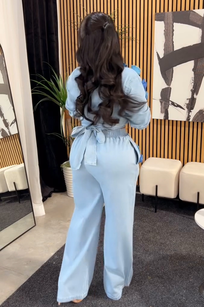 Fashion 3D Floral Tie Front Denim Shirt + Elastic Waist Jeans