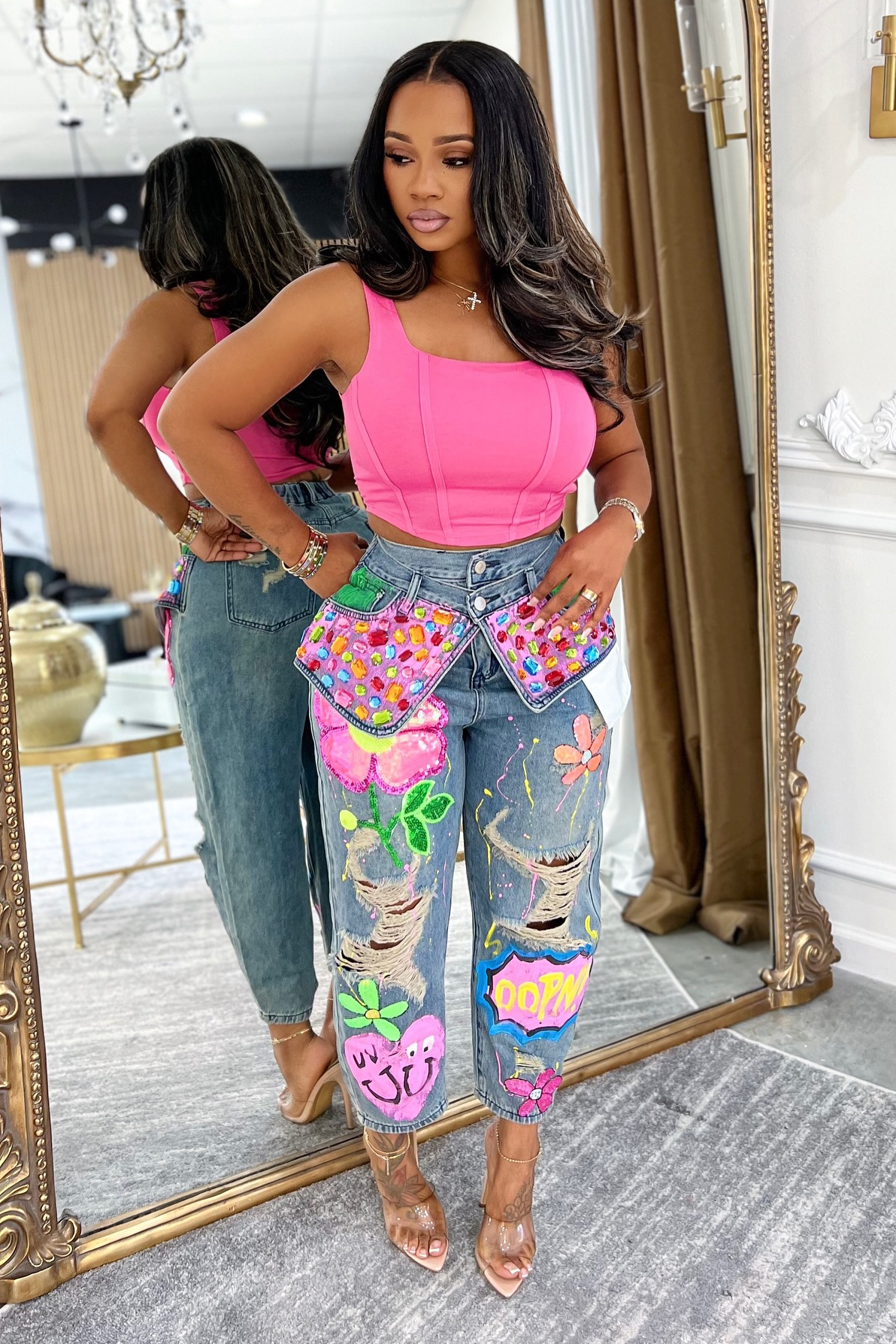 Fashion Rhinestone Washed Ripped Print Jeans