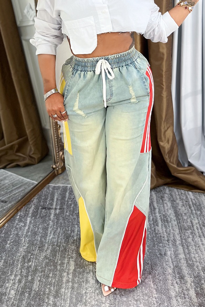 Casual Panel Designer Elastic Waist Jeans
