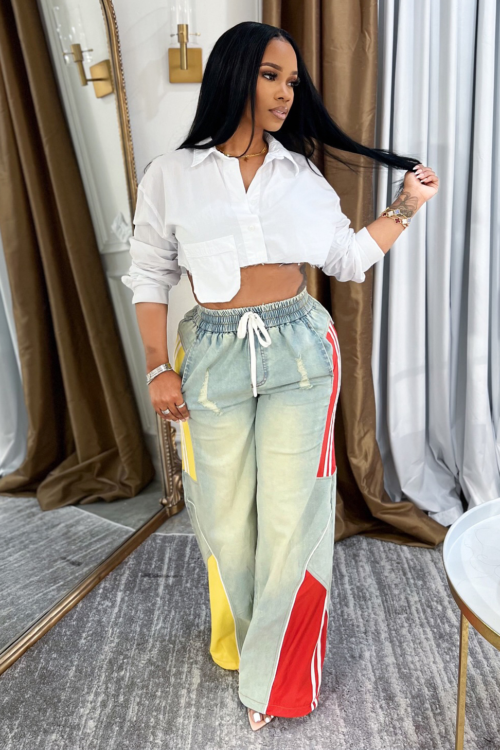 Casual Panel Designer Elastic Waist Jeans