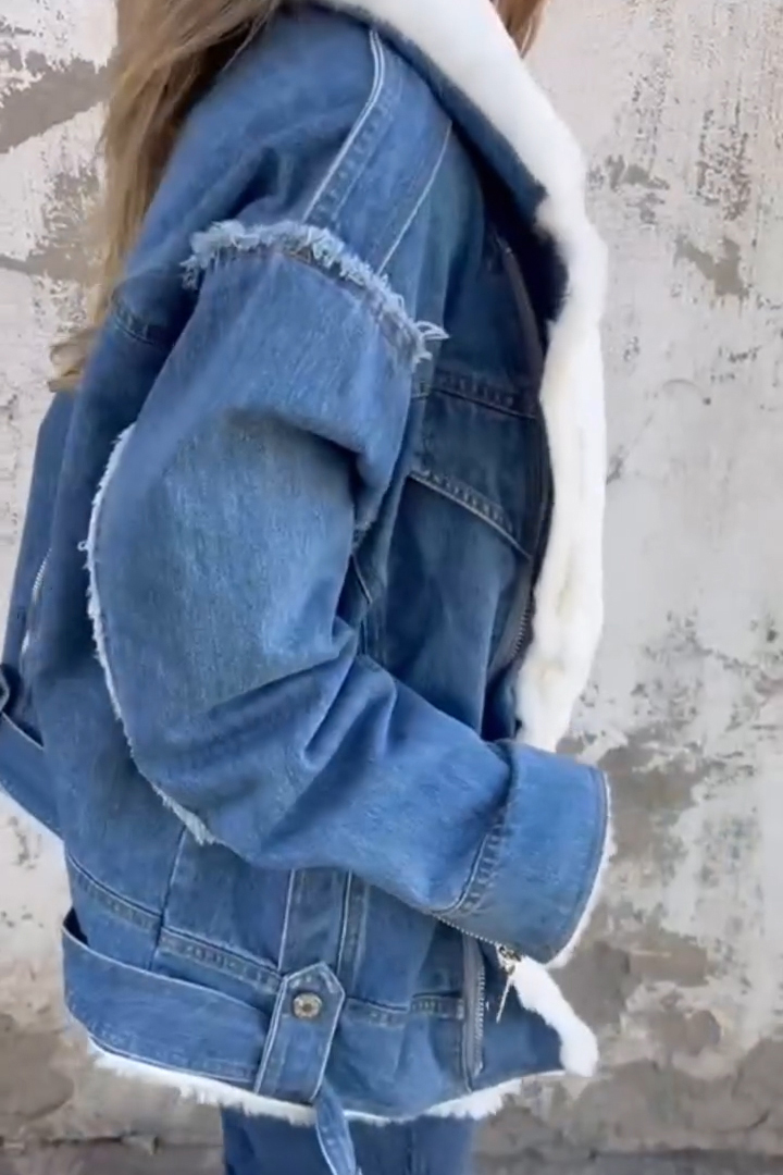 Casual Lapel Neck Plush Lining Warm Denim Jacket