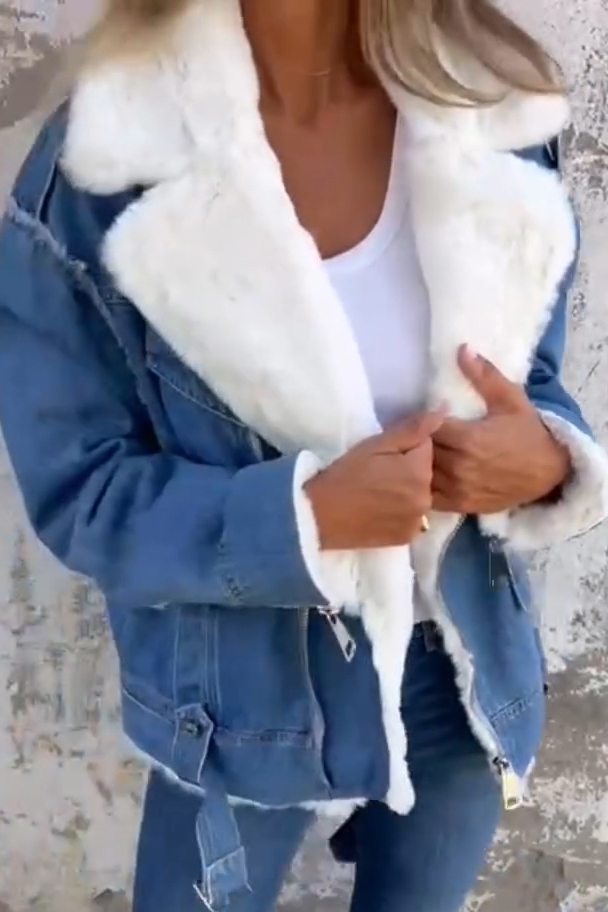 Casual Lapel Neck Plush Lining Warm Denim Jacket