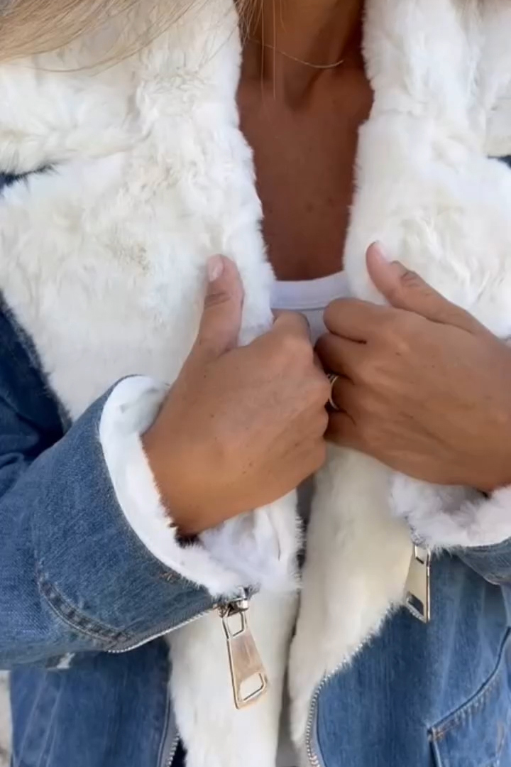 Casual Lapel Neck Plush Lining Warm Denim Jacket