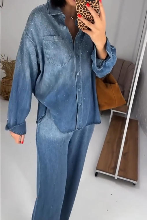 Casual Hotfix Rhinestone Shirt + Wide Leg Jeans Suits