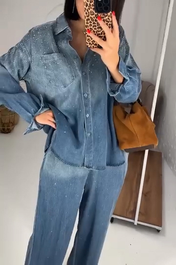 Casual Hotfix Rhinestone Shirt + Wide Leg Jeans Suits