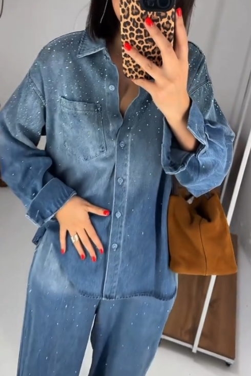 Casual Hotfix Rhinestone Shirt + Wide Leg Jeans Suits