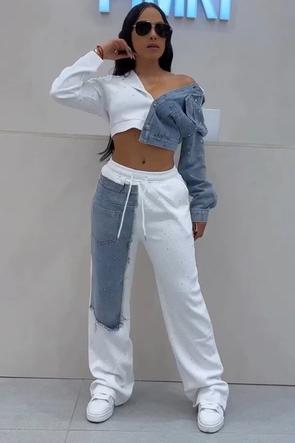 Fashion Hotfix Rhinestone Denim Panel Hooded Jacket + Casual Pants