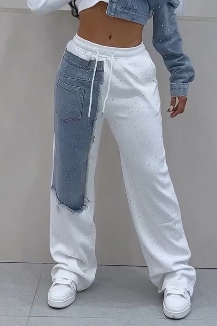 Fashion Hotfix Rhinestone Denim Panel Hooded Jacket + Casual Pants