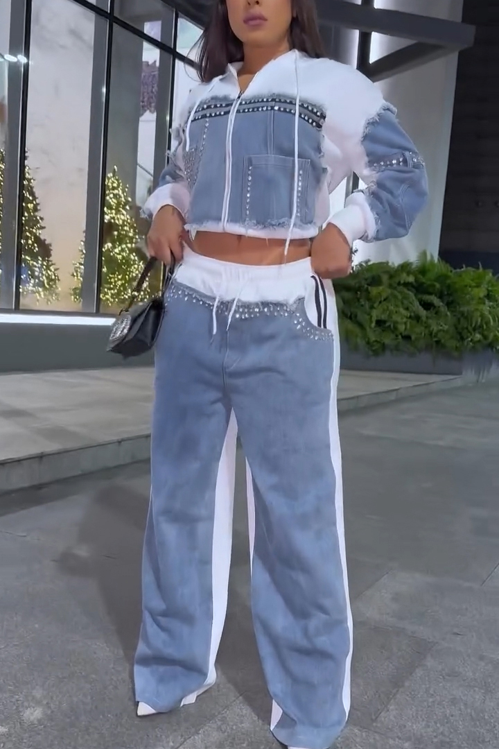 Fashion Denim Panel Hooded Jacket + Hotfix Rhinestone Jeans