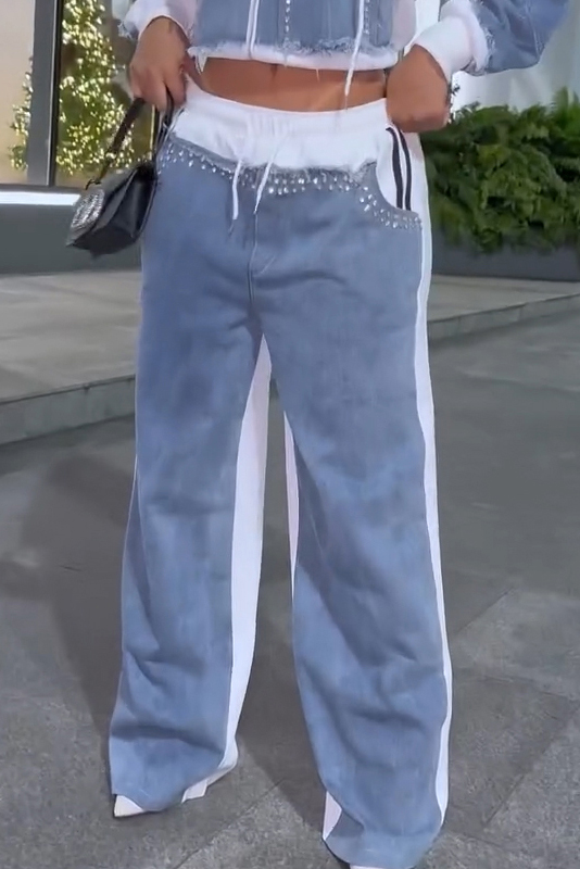 Fashion Denim Panel Hooded Jacket + Hotfix Rhinestone Jeans