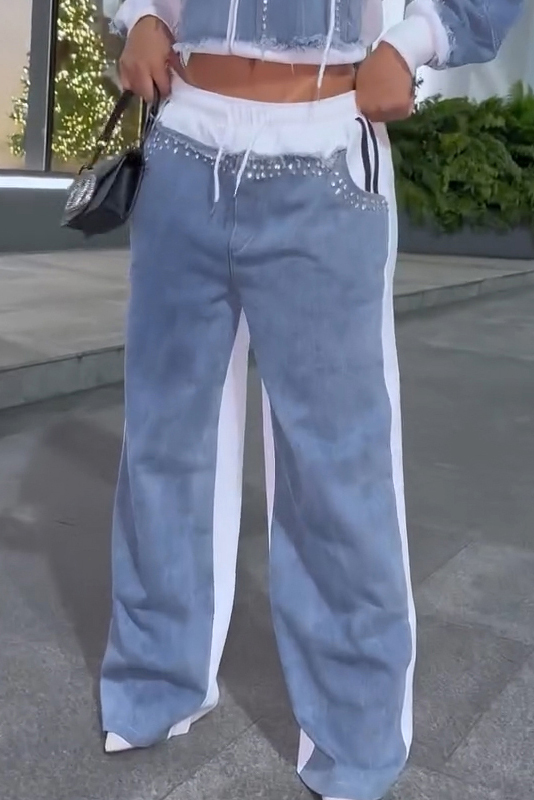 Fashion Denim Panel Hooded Jacket + Hotfix Rhinestone Jeans