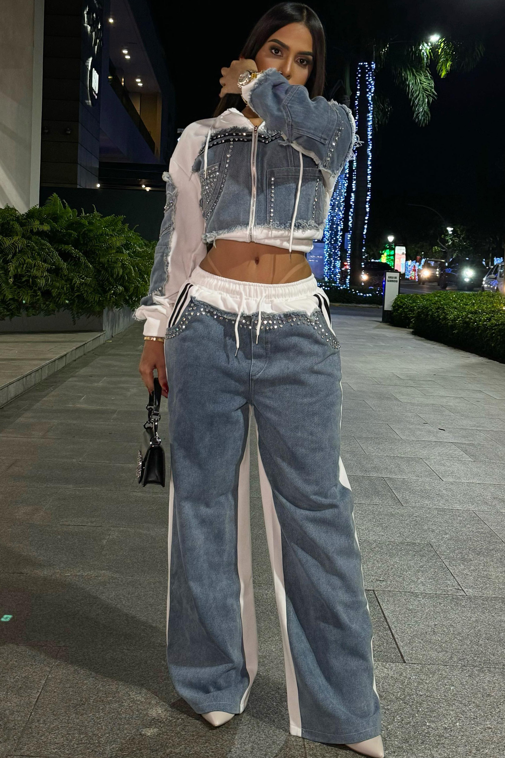 Fashion Denim Panel Hooded Jacket + Hotfix Rhinestone Jeans