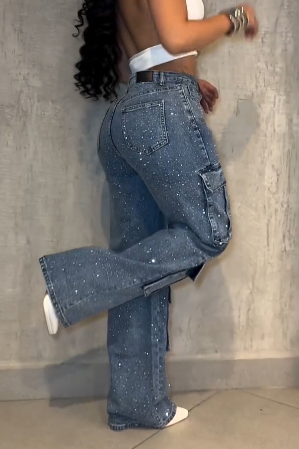 Casual Cargo Pocket Rhinestone Washed Wide Leg Jeans