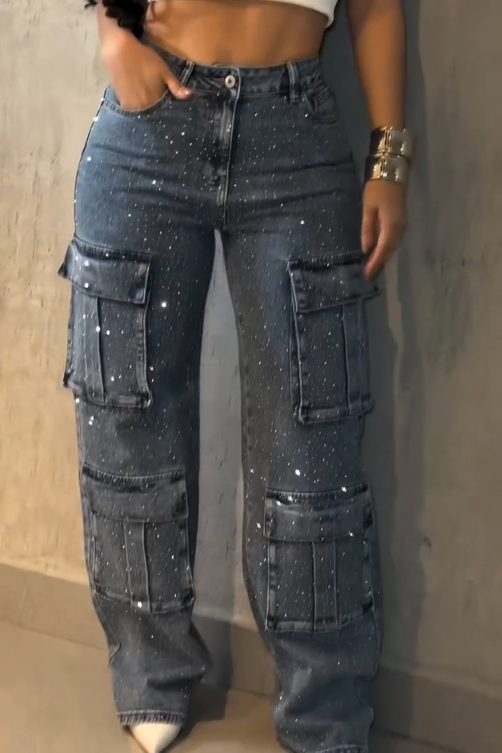 Casual Cargo Pocket Rhinestone Washed Wide Leg Jeans