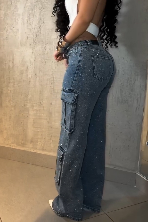 Casual Cargo Pocket Rhinestone Washed Wide Leg Jeans