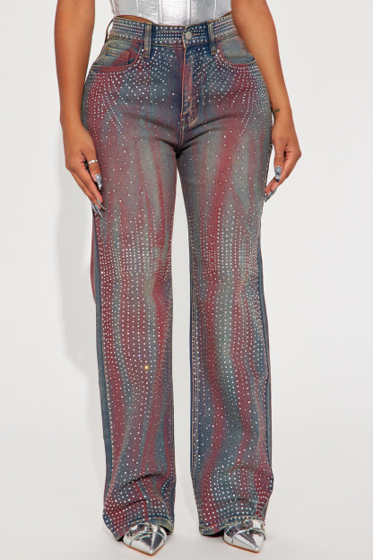 Women's Casual Rhinestone Straight Leg Jeans