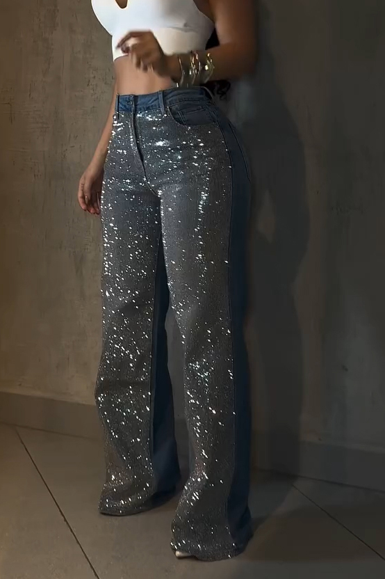 Fashion Sparkling Rhinestone Washed Wide Leg Jeans