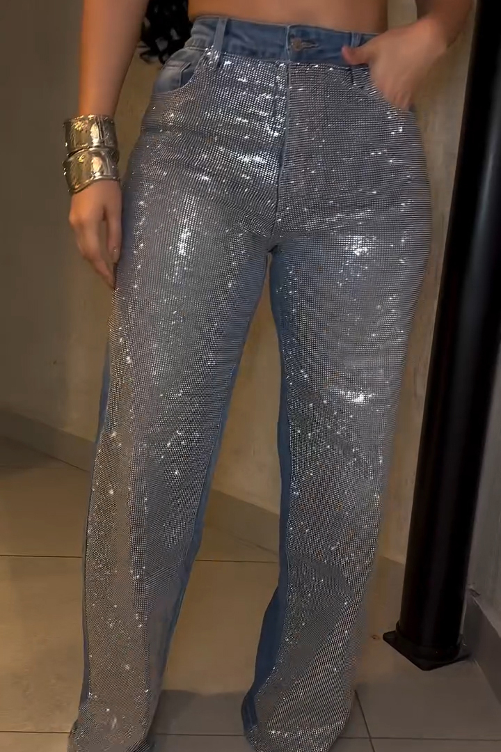 Fashion Sparkling Rhinestone Washed Wide Leg Jeans