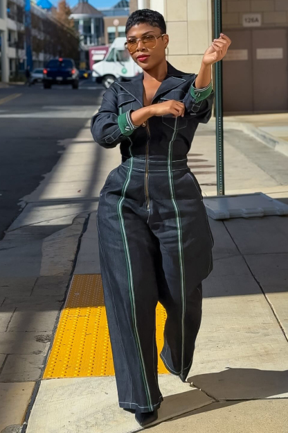 Women's Lapel Casual Denim Wide Leg Jumpsuit