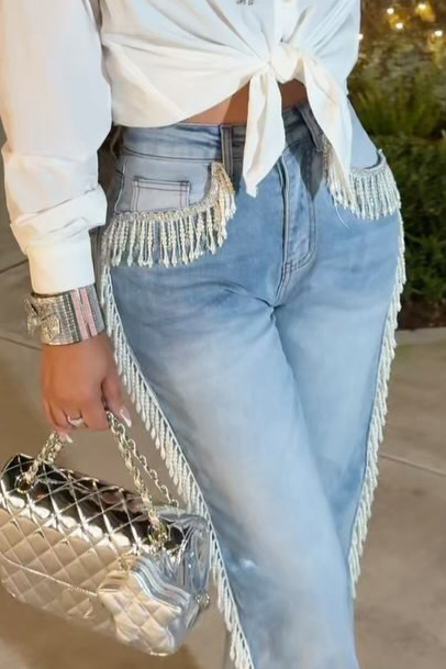 Women's Elegant Pearl Fringe Straight Leg Jeans