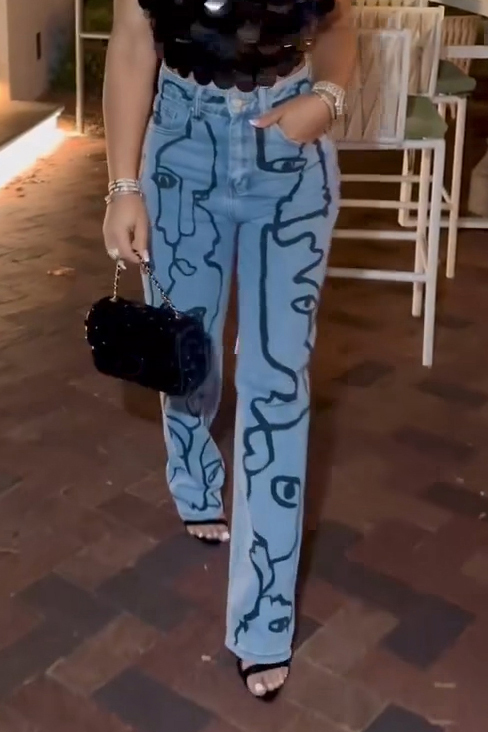 Women's Abstract Print Straight Leg Jeans