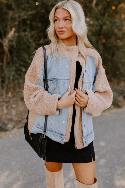Women's Faux Sherpa and Denim Mixed Media Jacket